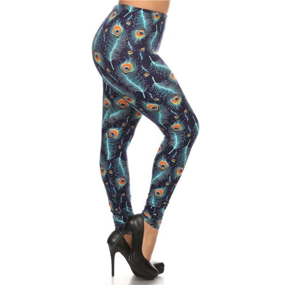 (Plus) Curvy Blue Multi Peacock Feather Print Peach Skin Leggings